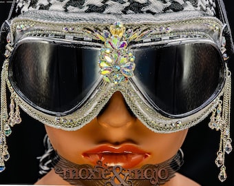 Burning Man Goggles.  "Diamond Drops".  Bedazzled UV dust protection eyewar. Unique Embellished Festival. Aviator Steampunk.
