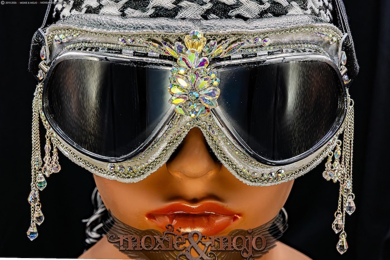 Burning Man Goggles. "Diamond Drops". Bedazzled UV dust protection eyewar. Unique Embellished Festival. Aviator Steampunk. image 1