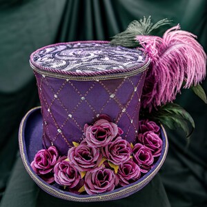 Purple Masquerade Mad Hatter Top Hat. Feather and Roses image 5