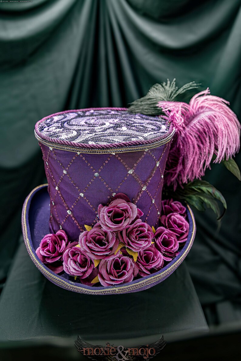 Purple Masquerade Mad Hatter Top Hat. Feather and Roses image 5