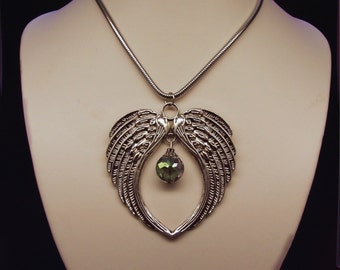 Necklace:  Extra Large Angel Wing Pendant with bead dangle on 18" stainless steel chain