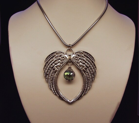 Necklace: Extra Large Angel Wing Pendant With Bead Dangle on 18