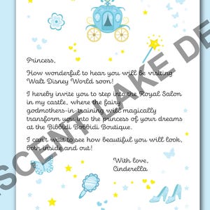 Carta de presentación de la princesa Bibbidi Bobbibi Boutique. Carta de Cenicienta. Invitación de cambio de imagen de princesa BBB. Carta de WDW.
