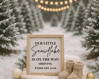 Plantilla de anuncio de embarazo «Nuestro pequeño copo de nieve» / Anuncio de bebé de invierno / Canva editable / Descarga instantánea