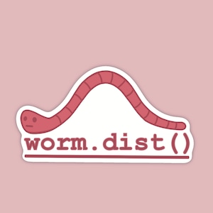May include: A die-cut sticker featuring a cartoon earthworm arched in a curve, colored in shades of muted pink with dark outlines. Below the worm, the text "worm.dist()" is printed in a dark pink sans-serif font, underlined by a solid line.