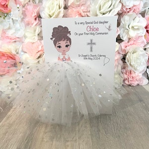 A5 A4 grande fille personnalisée en robe première carte de sainte communion carte 3d carte de voeux unique cheveux bruns jolie jupe tutu