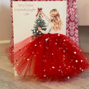 A5 A4 carte de Noël personnalisée 3D fille en robe carte unique tutu 3D jupe tulle pailleté robe rouge jolie carte de luxe paillettes sapin de Noël