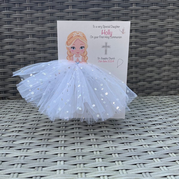 A5 A4 handmade girl in dress first holy communion card greeting card 3d tutu skirt card unique blond girl in dress