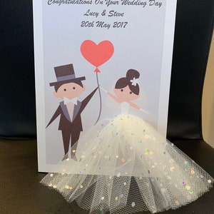 A5 carte de félicitations de mariage personnalisée faite à la main mariée et marié jupe tutu 3d tulle mignon unique