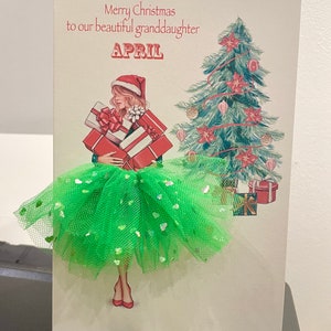 A5 fait à la main fille personnalisée en robe carte de Noël unique 3d tutu jupe carte vert tulle sœur amie fille arbre de Noël