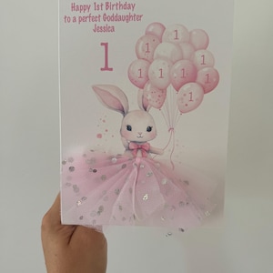 A5 A4 grande carte d'anniversaire personnalisée 3d premier anniversaire lapin en jupe tutu tout âge 1er 2e tutu jupe tout âge bébé rose bébé fille