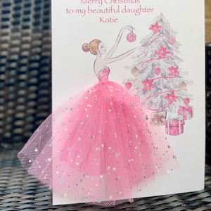 A4 grote gepersonaliseerde dame in jurk kerstkaart kerstboomkaart roze kerstkaart 3D-kaart tutu rok unieke kaart zus vriend vrouw