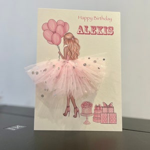 A5 A4 fait main personnalisé fille avec des ballons carte d'anniversaire 3d tutu jupe carte unique mignon rose tulle ballons robe soeur amie fille
