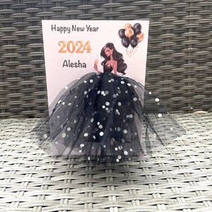 A5 A4 handmade personalised 3D girl in dress happy new year card any occasion card black tutu skirt tulle glitter cute  card birthday