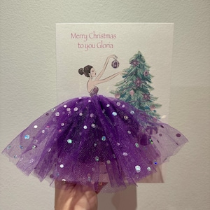 A5 A4 carte de Noël personnalisée 3D fille en robe carte unique tutu 3D paillettes tulle robe violette jolie carte de luxe paillettes sapin de Noël