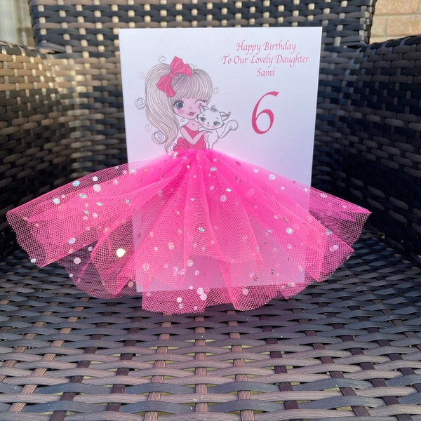 Handmade personalised 3d girl with cat birthday card any occasion card 3d tutu skirt luxury card cute pink skirt