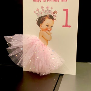 A5 personalised first baby girl birthday card princess baby crown tutu skirt cute unique card