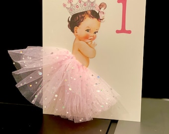 Personalized 1st Birthday Card: Princess Crown, 3D Tutu Skirt