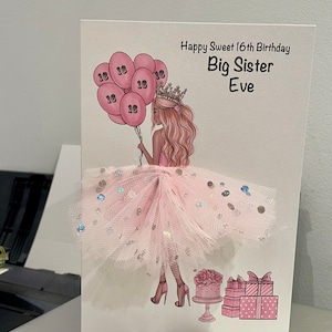 Carte d'anniversaire personnalisée fait main A5 A4 pour fille avec des ballons, toutes les occasions, carte 3D, jupe tutu en tulle, jolie carte unique, cheveux blonds, fille