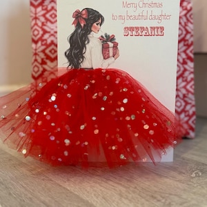 A5 A4 personnalisée carte de Noël fille en robe 3D carte unique tutu 3d jupe tulle pailleté robe rouge jolie carte de luxe paillettes Noël