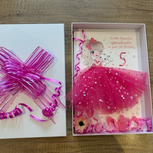 Grande carte d'anniversaire personnalisée pour fille avec un chat, format A4, pour toutes les occasions, carte pour fille unique, jupe 3D, carte de luxe, princesse, chat blanc