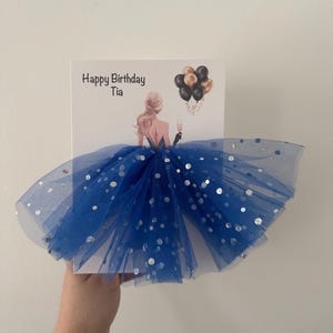 A5 A4 grande carte d'anniversaire personnalisée 3D fille en robe toute occasion carte tutu bleu jupe tulle paillettes jolie carte ballons bal des finissants