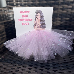 A5 A4 grande carte d'anniversaire 3D personnalisée faite main pour fille en robe toutes les occasions carte tutu rose jupe tulle paillettes jolie carte