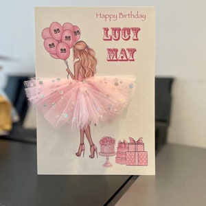 A5 A4 personnalisé anniversaire 3d fille avec des ballons carte d'anniversaire tutu rose jupe couronne robe spéciale fille soeur amie fille