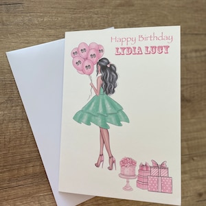A5 handmade personalised girl with balloons birthday card cute unique card  dress girl girlie any age any occasion 18 21 30