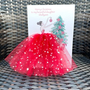 A5 A4 personalised 3d girl in dress christmas card unique card 3d tutu skirt glitter tulle red dress cute glitter luxury card christmas tree