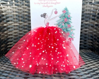 A5 A4 personalised 3d girl in dress christmas card unique card 3d tutu skirt glitter tulle red dress cute glitter luxury card christmas tree