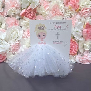 A5 A4 grande fille personnalisée en robe première carte de sainte communion carte 3d carte de voeux unique cheveux blonds couronne jolie jupe tutu