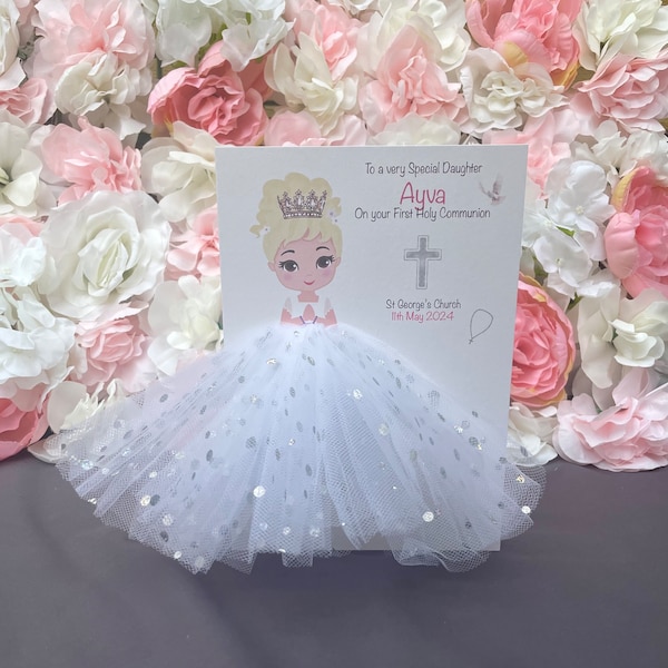 A5 A4 large personalised girl in dress first holy communion card  3d card greeting card unique blond hair up crown cute tutu skirt