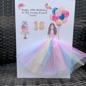A4 large personalised birthday card friend sister wife 18 21 30 40 unique 3d card tutu skirt tulle rainbow glitter girlie card fancy balloon
