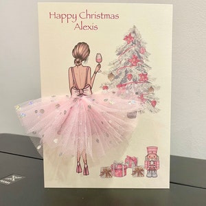 A5 fait à la main personnalisé fille en robe carte de Noël unique 3d tutu jupe carte tulle rose soeur ami fille arbre de Noël