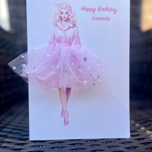 A5 A4 fait à la main personnalisé 3d vintage fille en robe carte d’anniversaire toute occasion carte tutu jupe tulle paillettes jolie jupe rose
