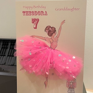 A5 A4 large Handmade personalised 3d ballerina birthday card unique card any occasion cute tutu skirt pink tulle brown hair