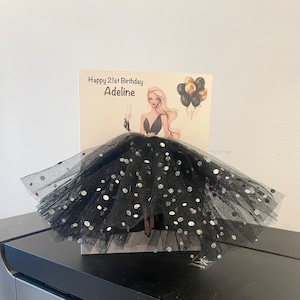 A5 A4 large handmade personalised 3D girl in dress birthday card any occasion card black tutu skirt tulle glitter  card balloons blond hair