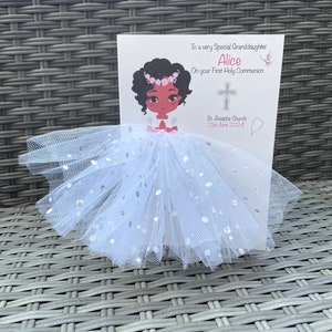 A5 A4 grande fille personnalisée en robe première carte de sainte communion carte 3d carte de voeux unique cheveux noirs jolie jupe tutu