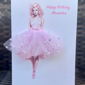 A5 A4 fait à la main personnalisé 3d fille vintage en robe carte d'anniversaire n'importe quelle occasion carte tutu jupe tulle paillettes mignon jupe rose