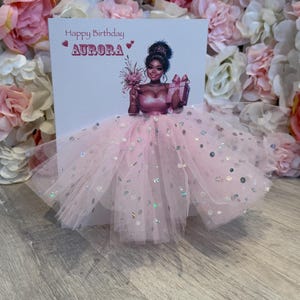 A5 A4 grande carte d'anniversaire personnalisée 3D fille noire en robe toute occasion carte tutu rose bébé jupe tulle pailleté fille ronde