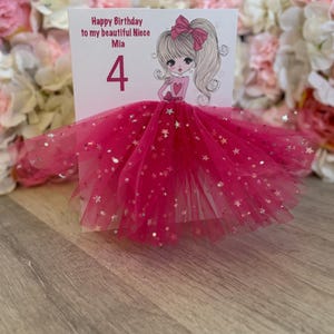 A5 A4 handmade personalised 3D girl in a dress birthday card any occasion card pink tutu skirt tulle blond hair pony tail cute high pony