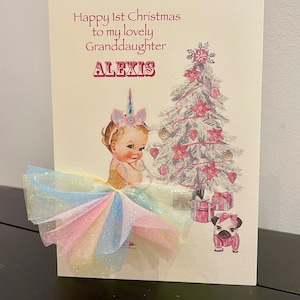 A5 carte de Noël personnalisée petite fille 3d tutu jupe petite-fille soeur neveu fille tutu rose sapin de Noël licorne mignon