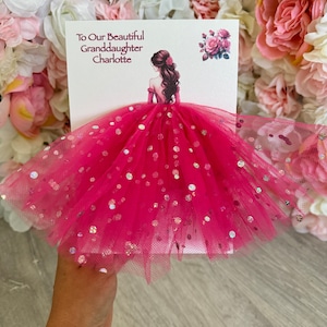 A5 A4 grande carte personnalisée 3D fille en robe d'anniversaire carte de bal toute occasion carte jupe rose tulle paillettes carte