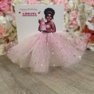 A5 A4 grande carte d'anniversaire personnalisée 3D fille noire en robe toute occasion carte tutu rose bébé jupe tulle pailleté fille ronde