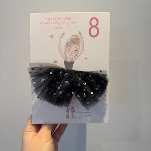 A5 personalised ballerina birthday card good luck card thank you card congratulations tulle tutu skirt black glitter 3d skirt
