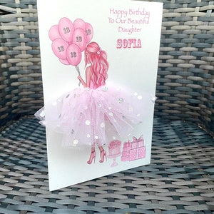 A5 A4 fait à la main personnalisé 3D fille en robe carte d’anniversaire toute occasion carte rose tutu jupe tulle paillettes mignon carte ballons