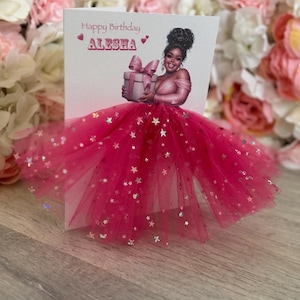 A5 A4 grande carte d'anniversaire personnalisée 3D fille noire en robe toute occasion carte tutu rose jupe tulle paillettes fille ronde bal de promo