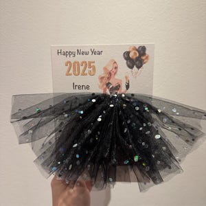 A5 A4 handmade personalised 3D girl in dress happy new year card any occasion card black tutu skirt tulle glitter cute birthday
