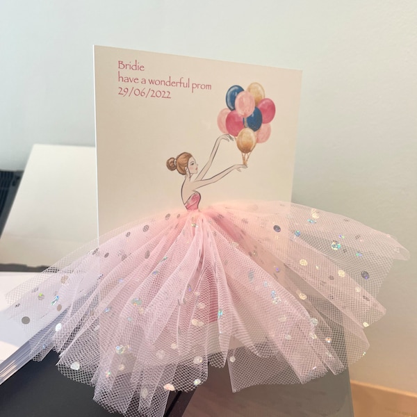 A5 handmade personalised 3d girl in dress prom card any occasion card balloons unique 3d card pink tutu skirt